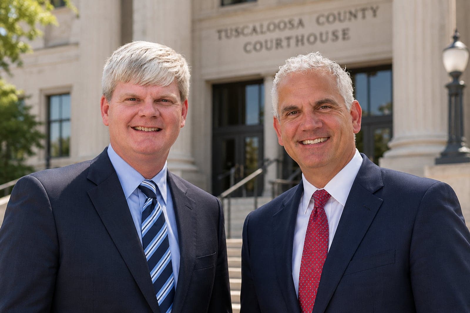 Attorneys Charles Hardin and David Hughes standing on the steps of the Tuscaloosa County Courthouse