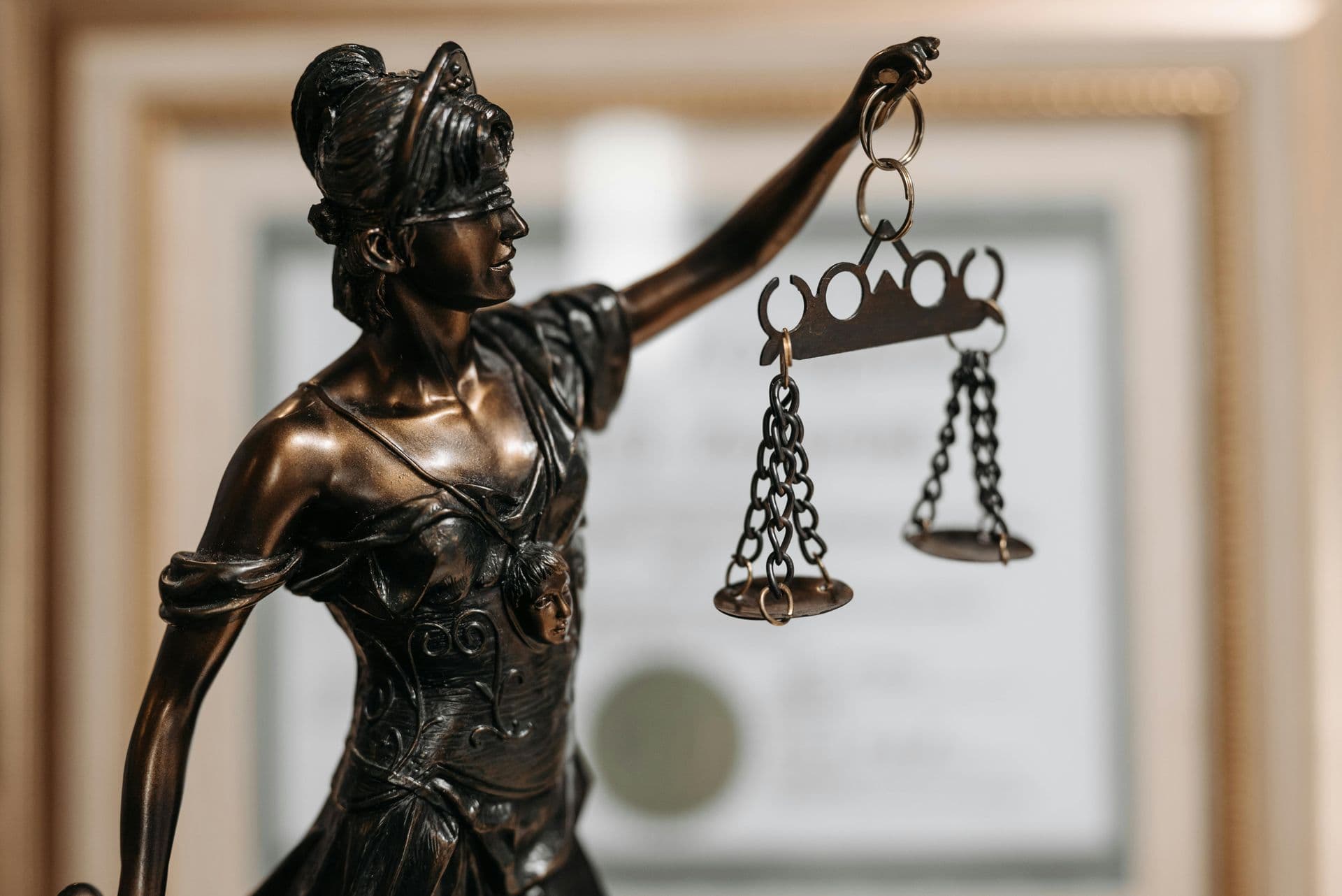 Bronze Lady Justice statue holding the scales